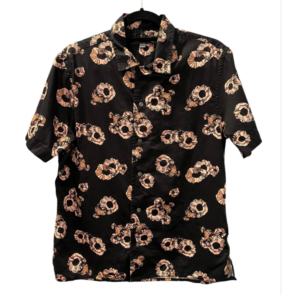 John Varvatos Danny Floral Short Sleeve Button Down Shirt Size Medium Black